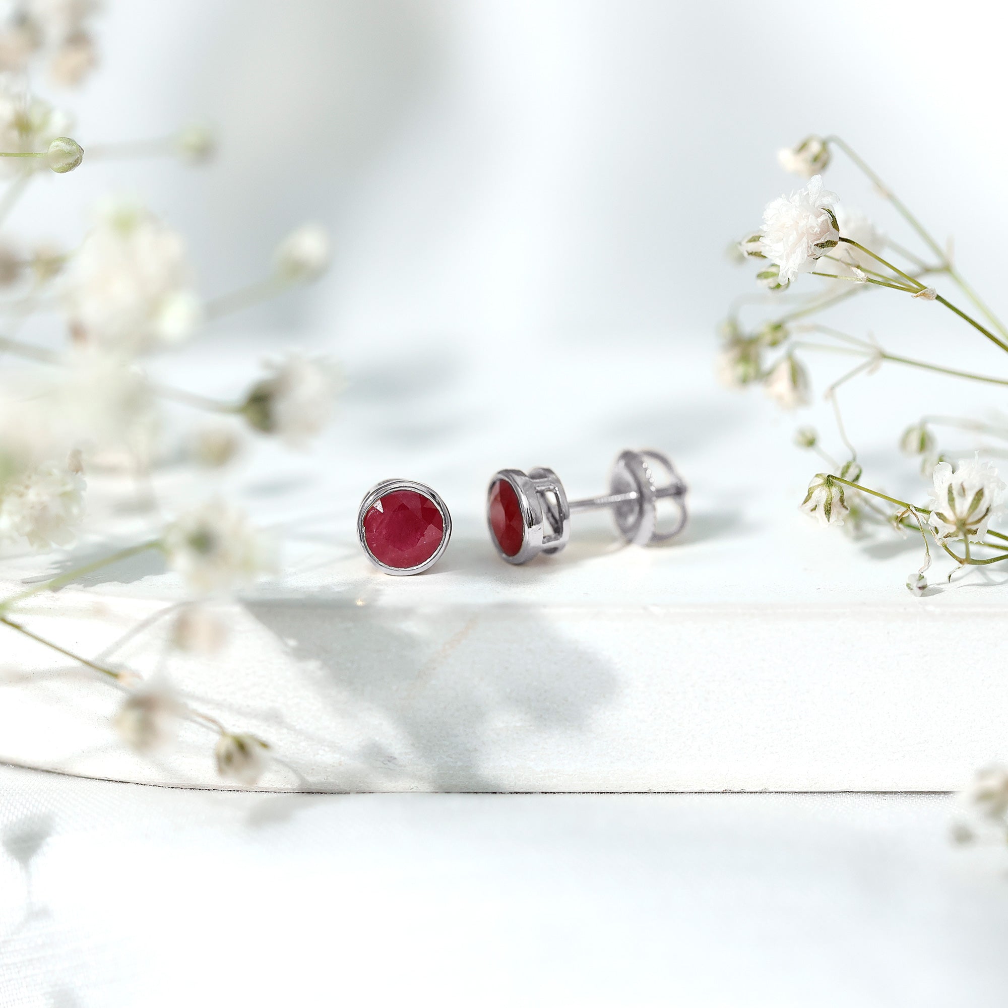 Bezel Set Genuine Ruby Solitaire Stud Earrings