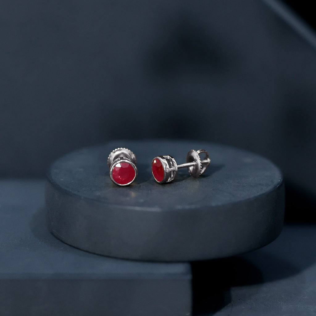 Bezel Set Genuine Ruby Solitaire Stud Earrings
