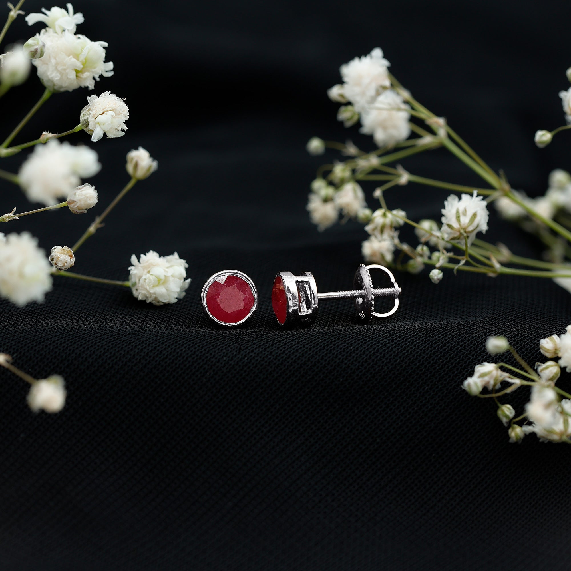 Bezel Set Genuine Ruby Solitaire Stud Earrings