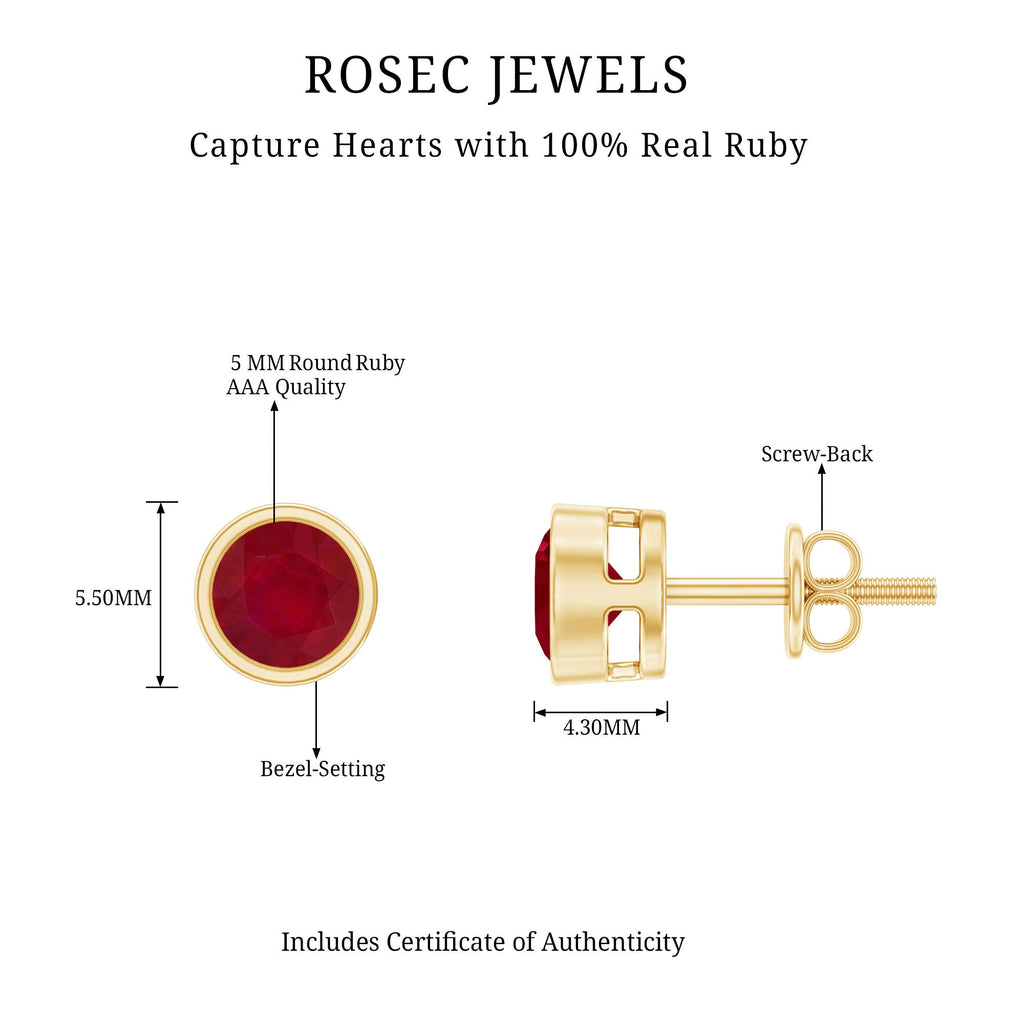 Bezel Set Genuine Ruby Solitaire Stud Earrings