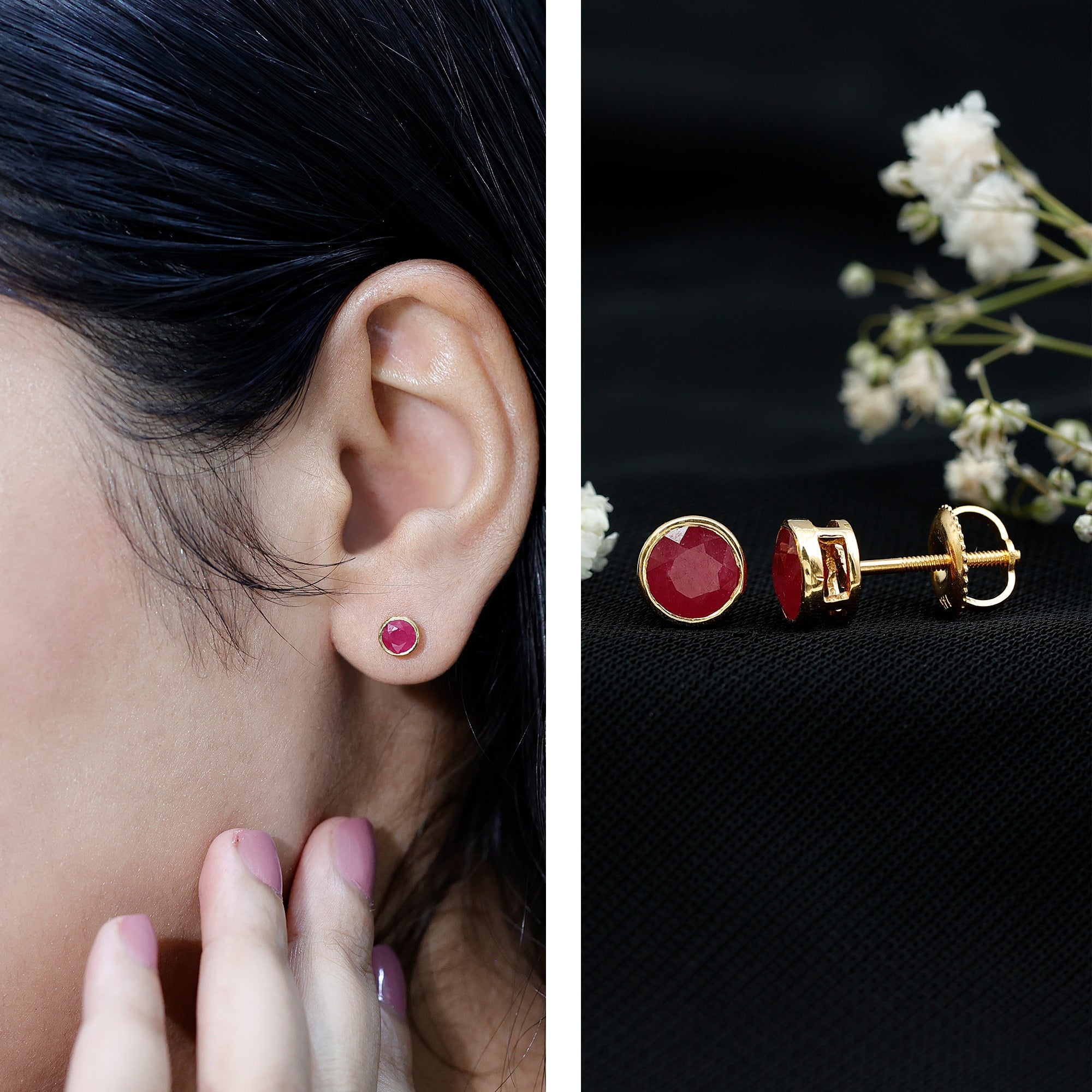 Bezel Set Genuine Ruby Solitaire Stud Earrings