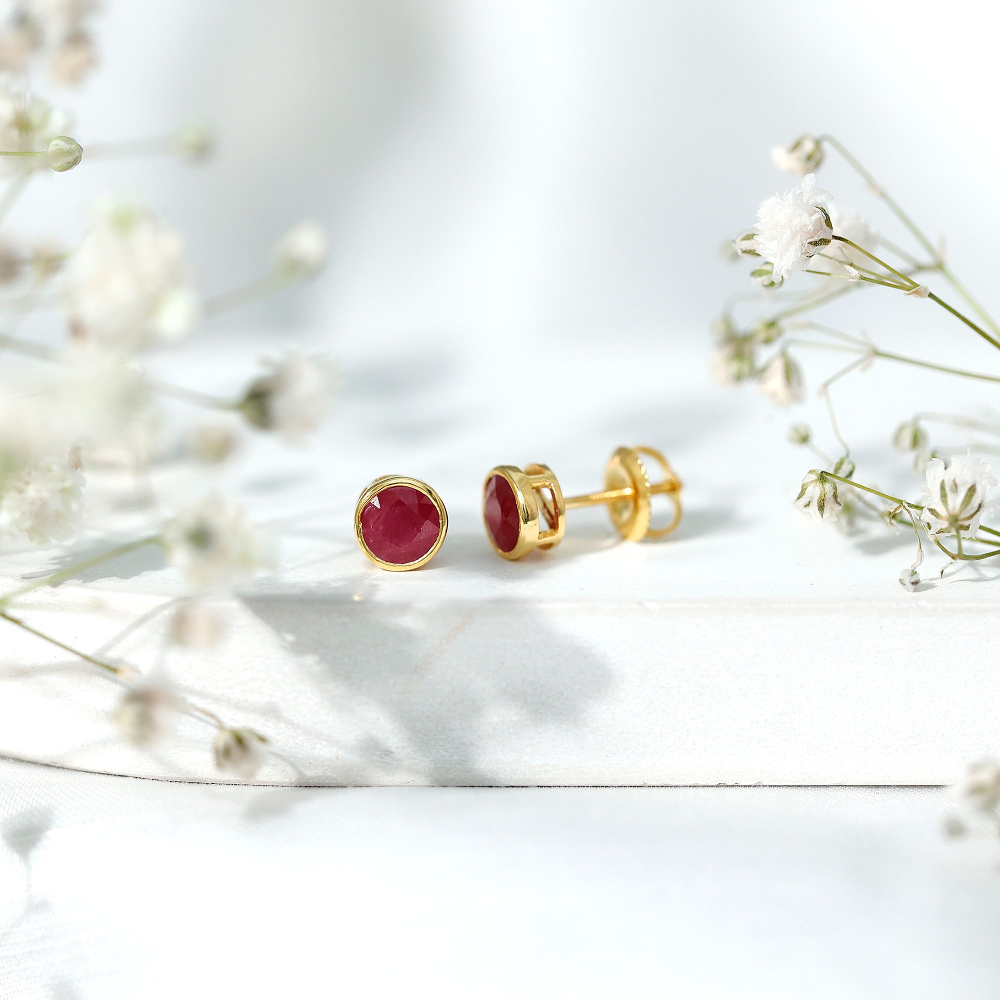 Bezel Set Genuine Ruby Solitaire Stud Earrings