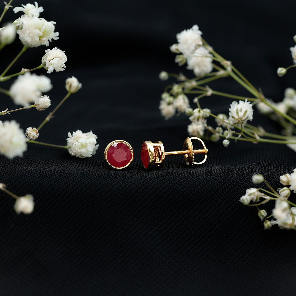 Bezel Set Genuine Ruby Solitaire Stud Earrings