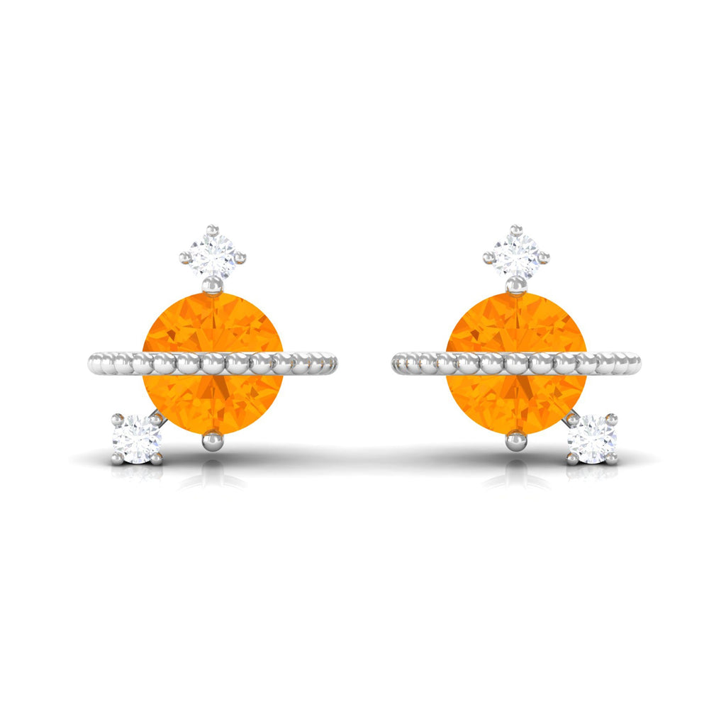 Fire Opal Contemporary Celestial Stud Earrings with Diamond