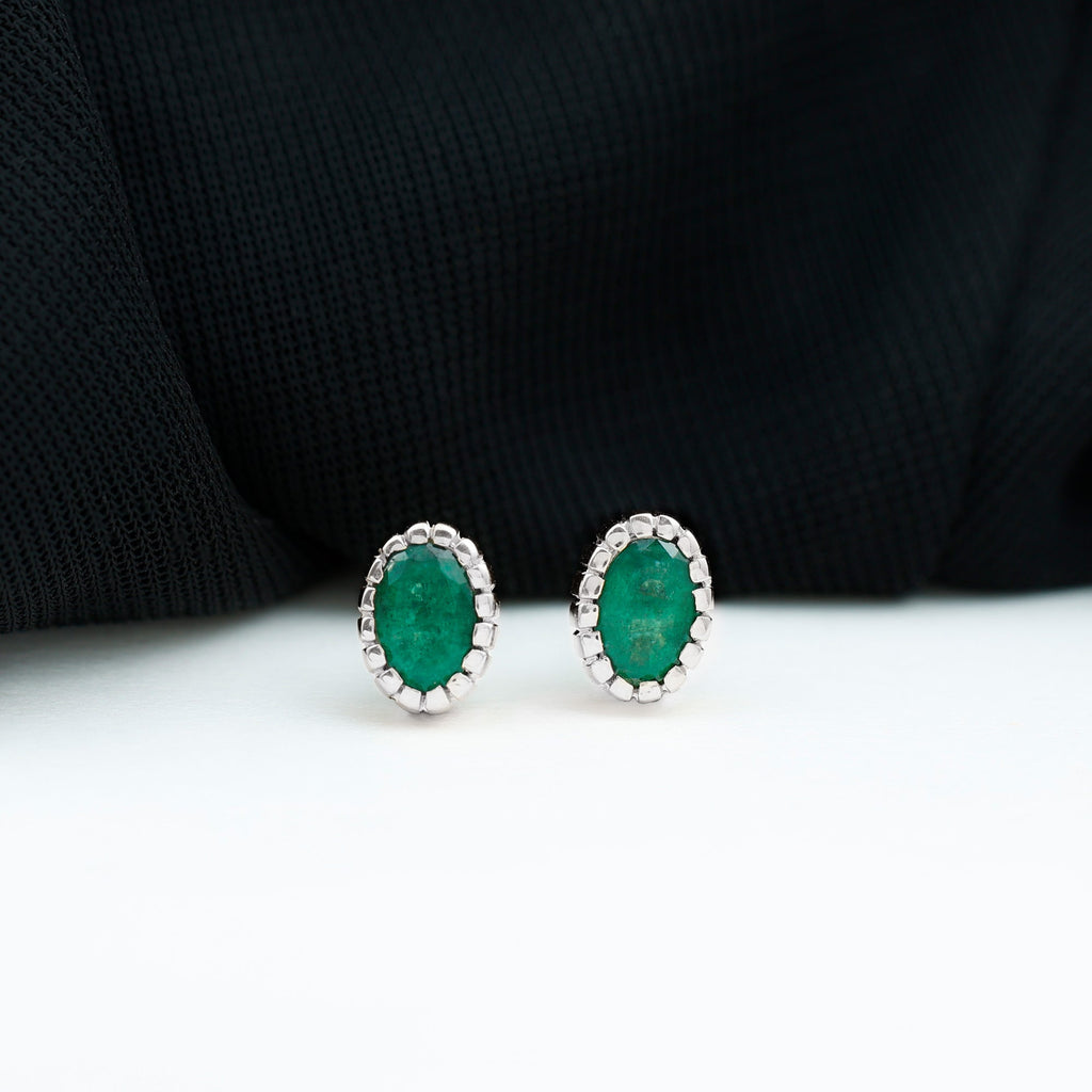 1 Carat Oval Emerald Solitaire Stud Earrings in Bezel Setting