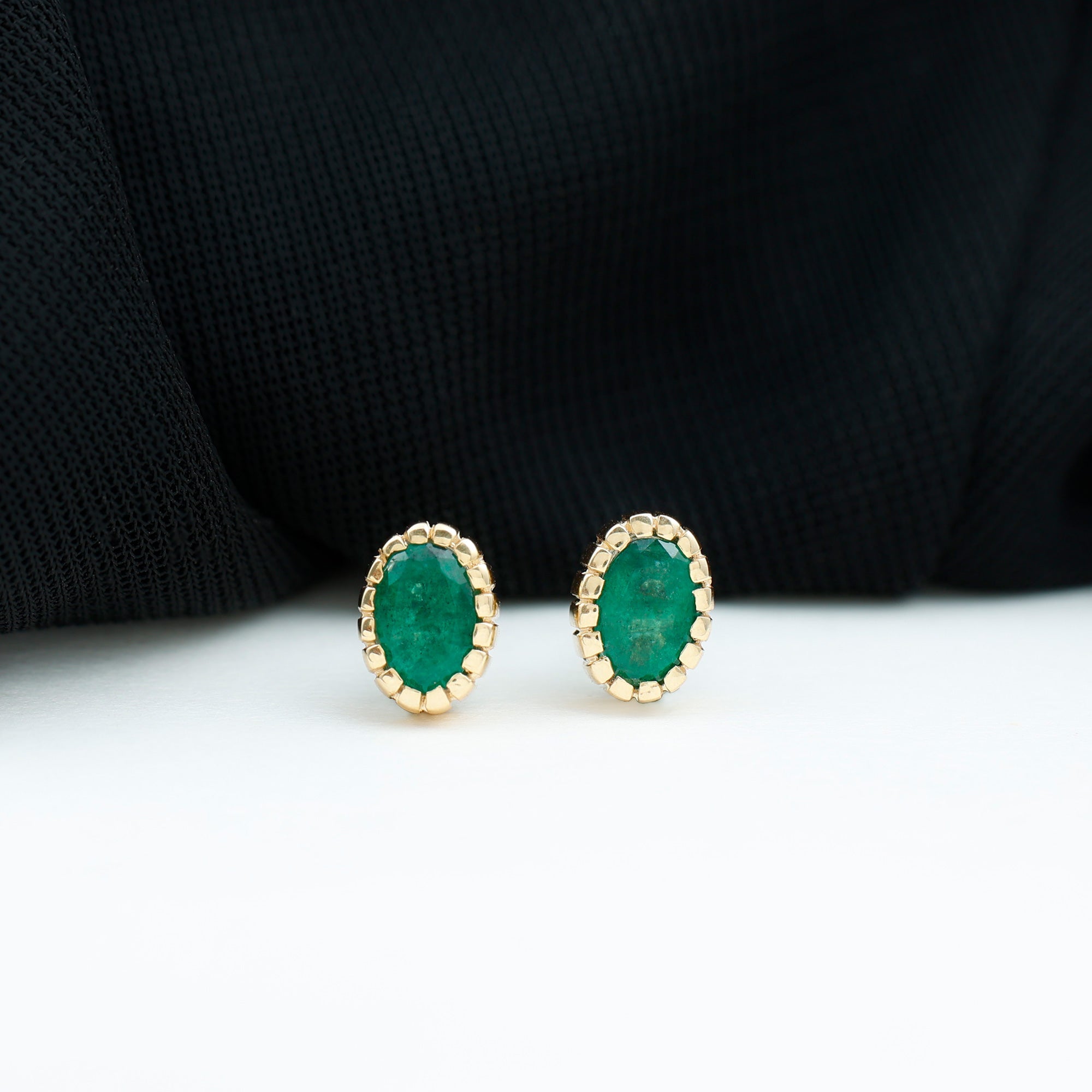 1 Carat Oval Emerald Solitaire Stud Earrings in Bezel Setting