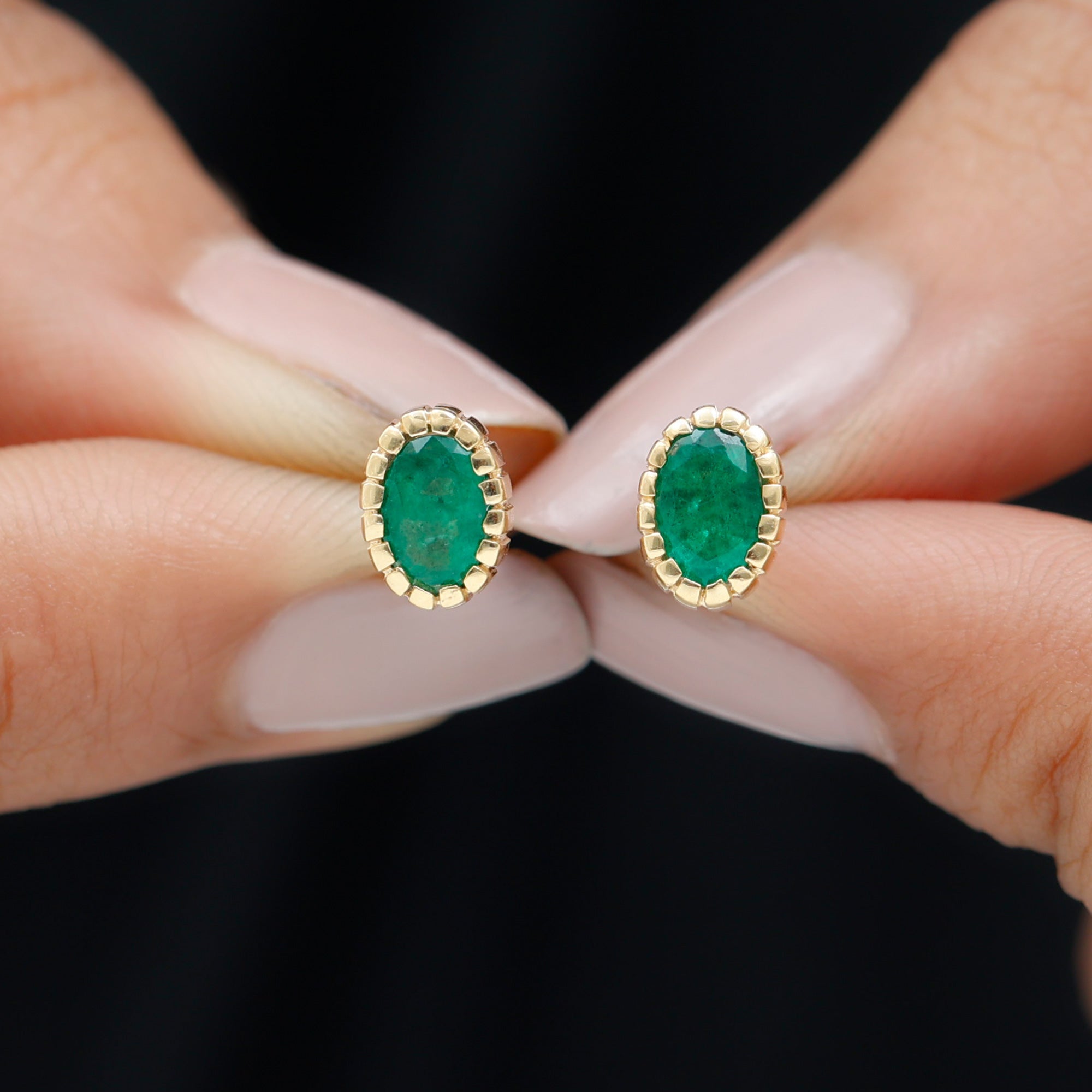 1 Carat Oval Emerald Solitaire Stud Earrings in Bezel Setting