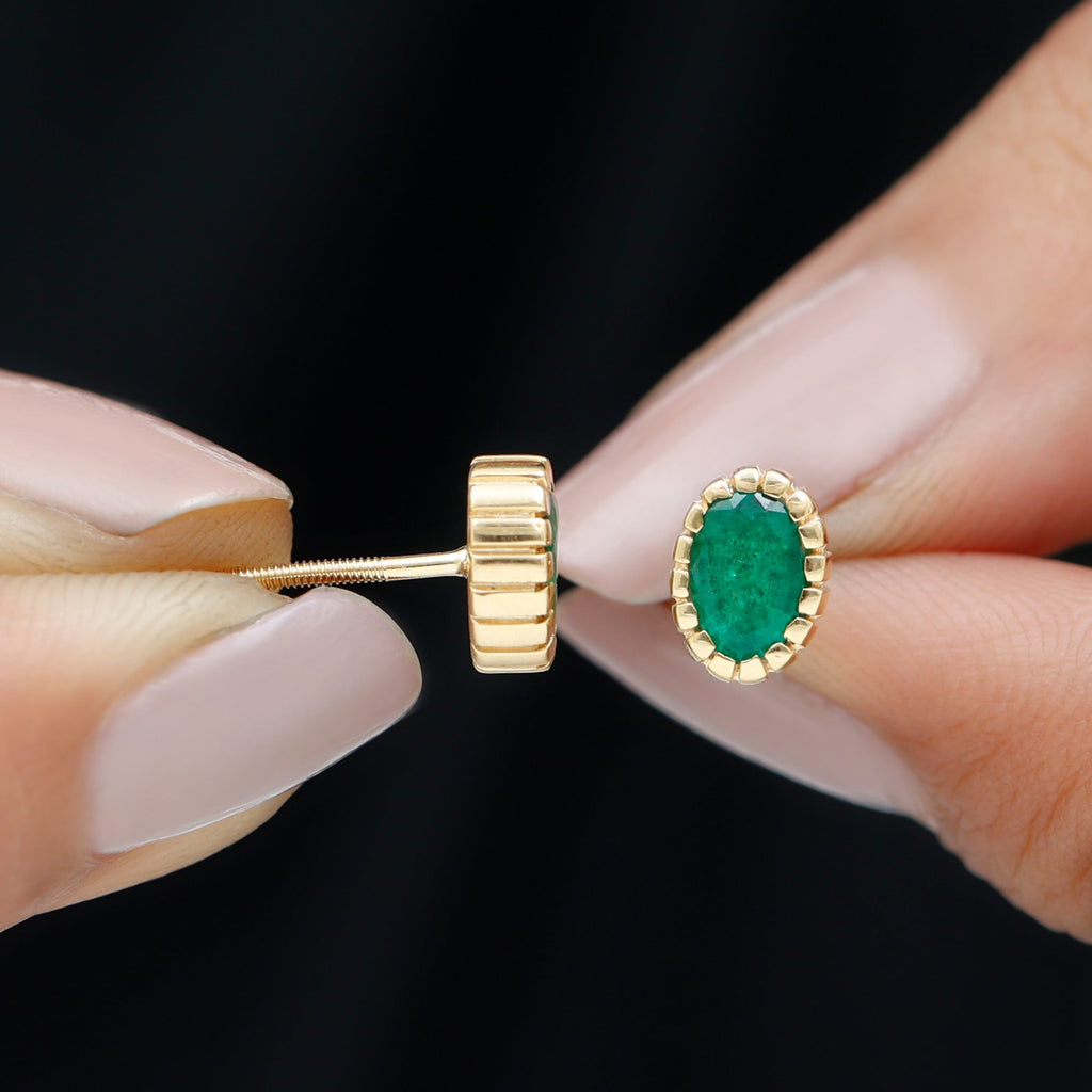 1 Carat Oval Emerald Solitaire Stud Earrings in Bezel Setting