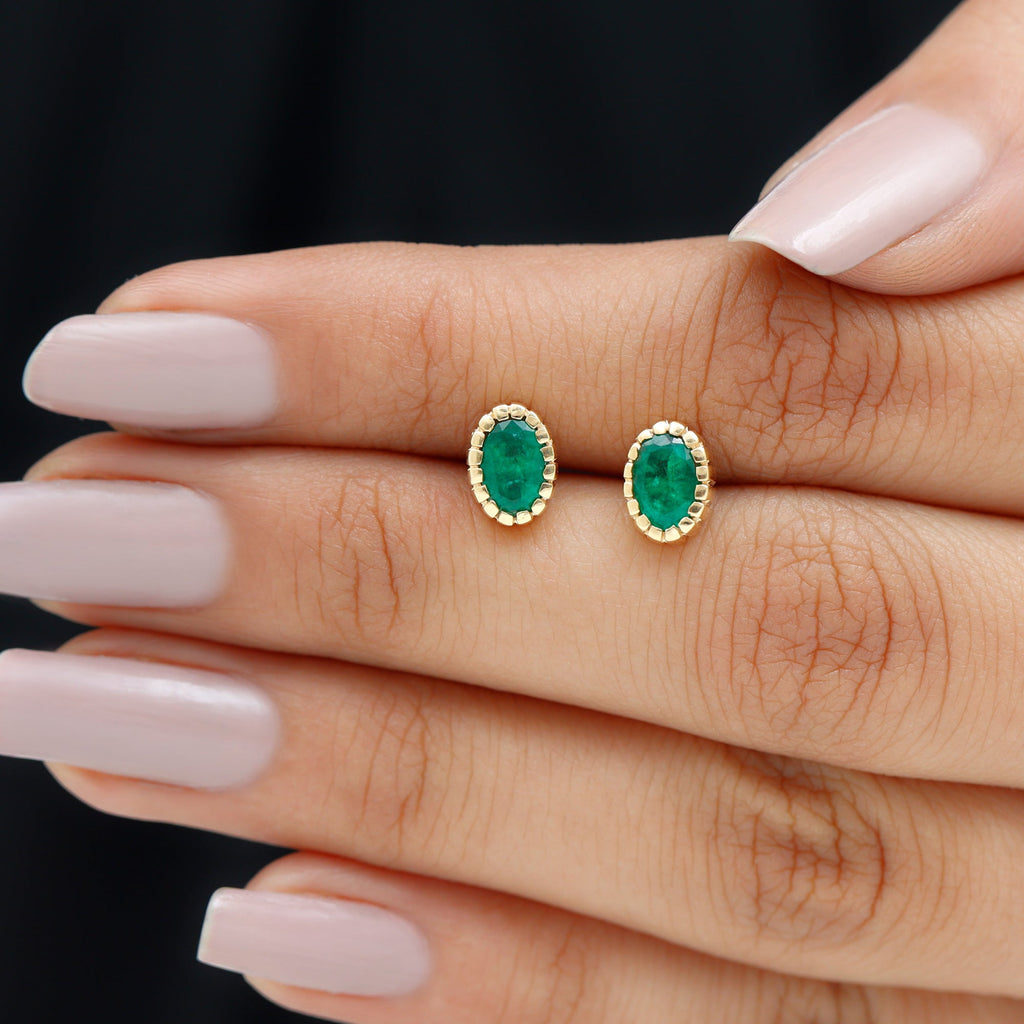 1 Carat Oval Emerald Solitaire Stud Earrings in Bezel Setting