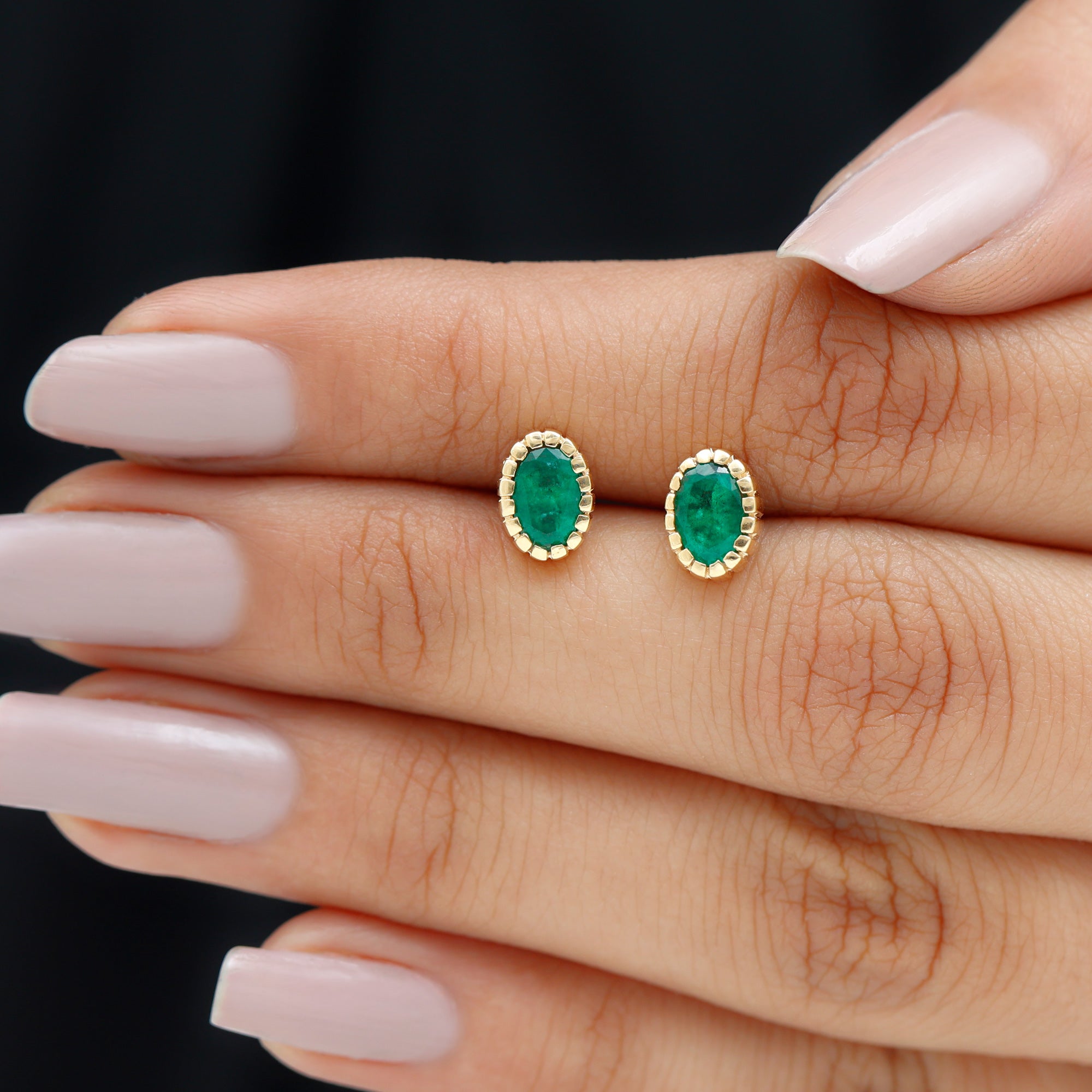 1 Carat Oval Emerald Solitaire Stud Earrings in Bezel Setting