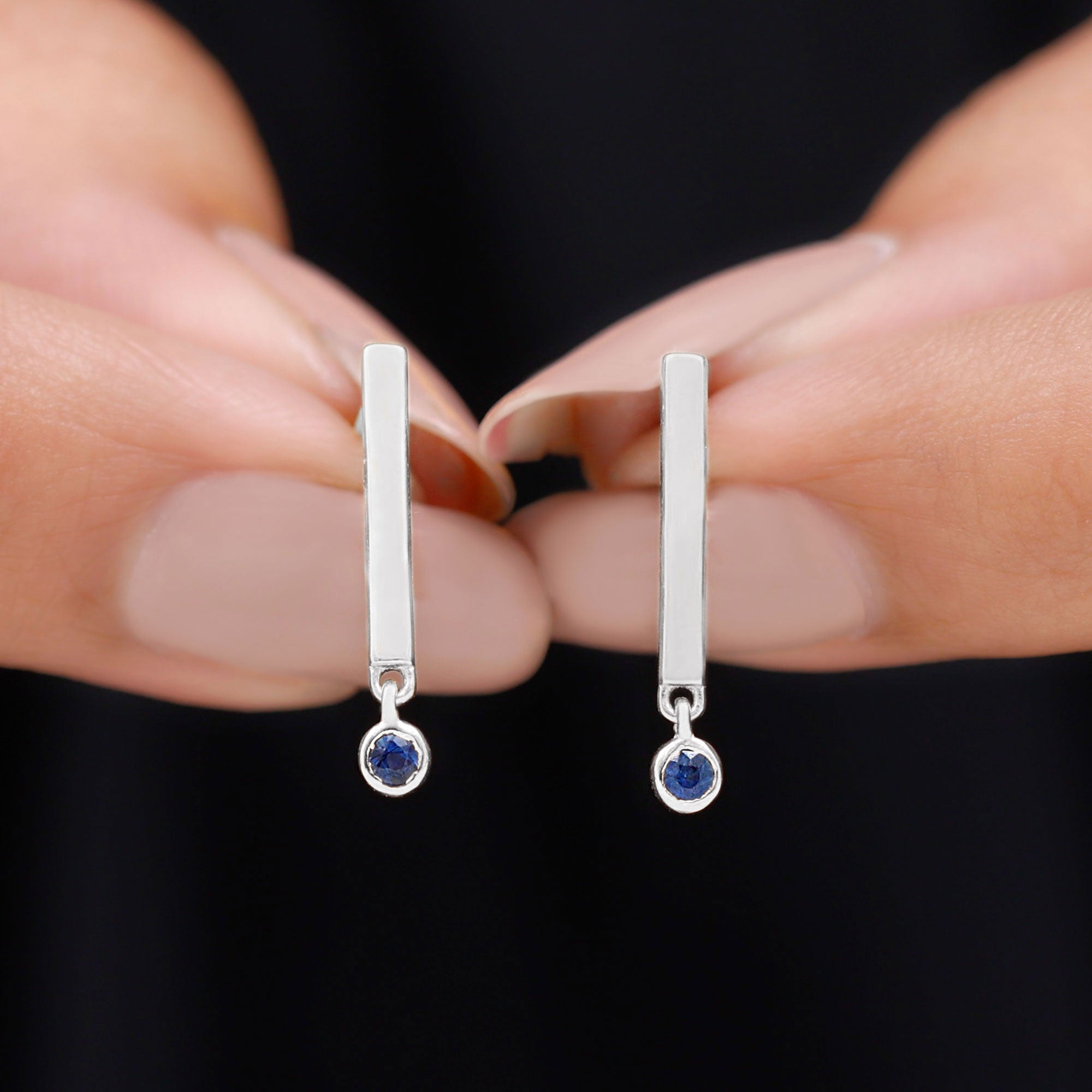 Round Blue Sapphire Bar Drop Earrings for Women