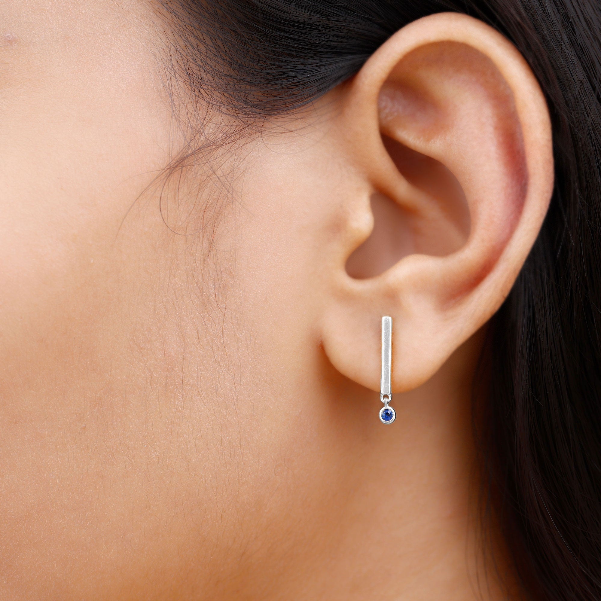 Round Blue Sapphire Bar Drop Earrings for Women