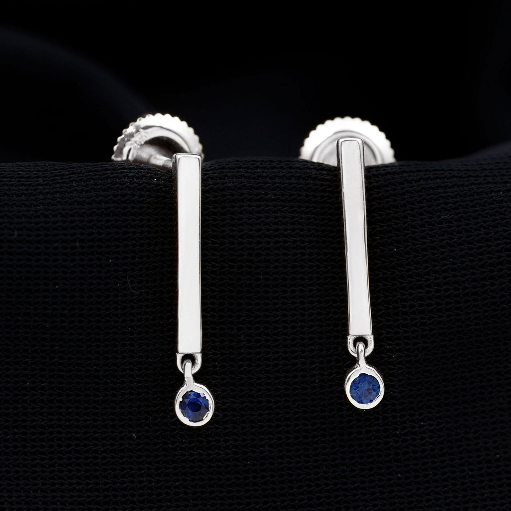 Round Blue Sapphire Bar Drop Earrings for Women