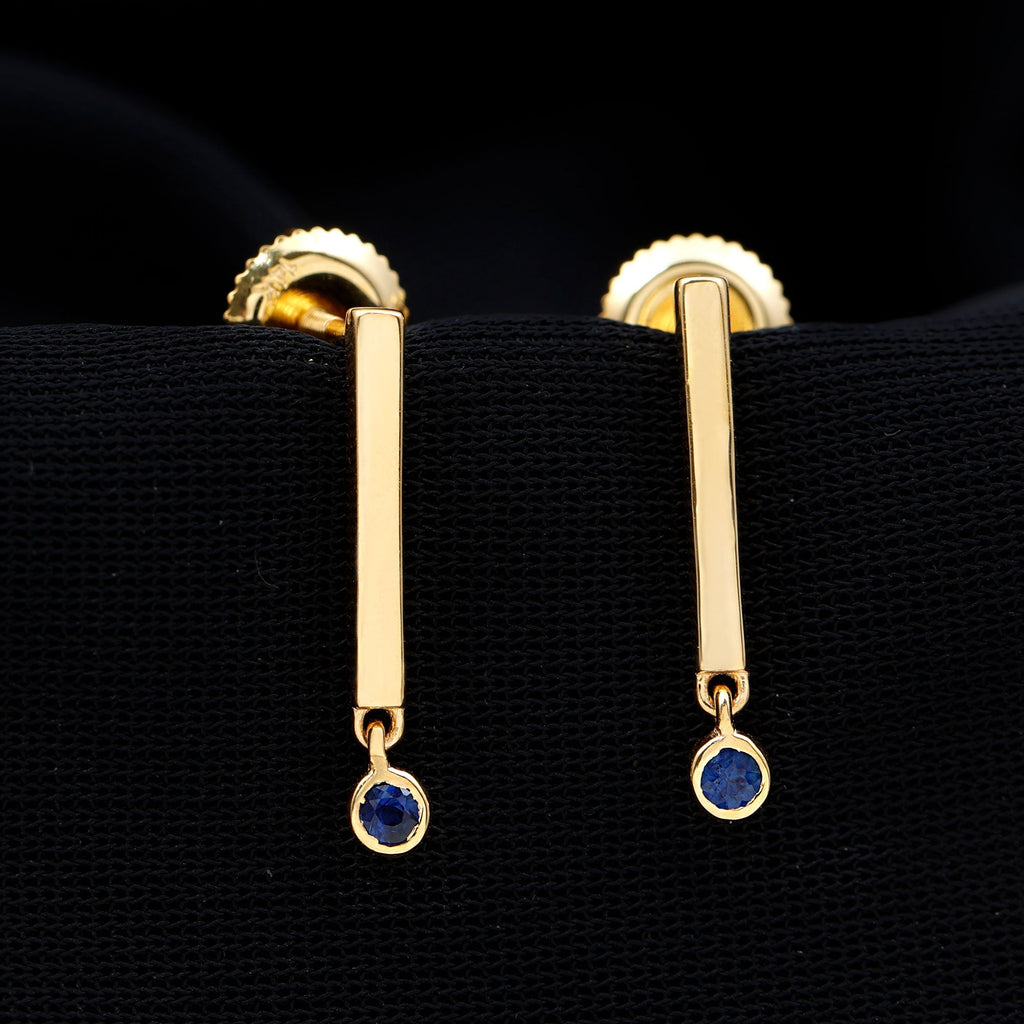 Round Blue Sapphire Bar Drop Earrings for Women