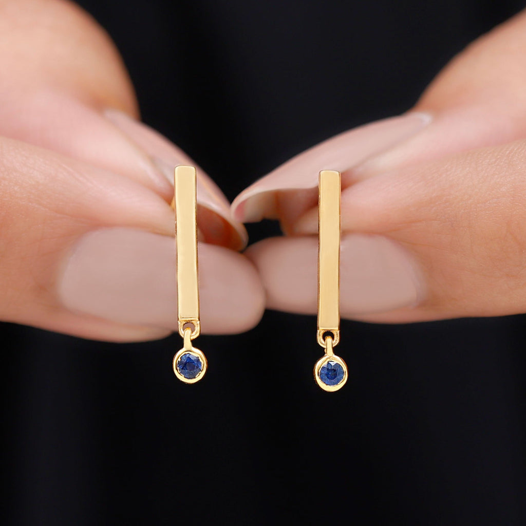 Round Blue Sapphire Bar Drop Earrings for Women