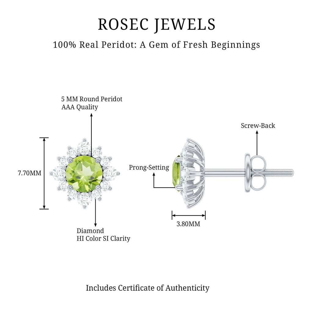 1 CT Classic Peridot Stud Earrings with Diamond Halo