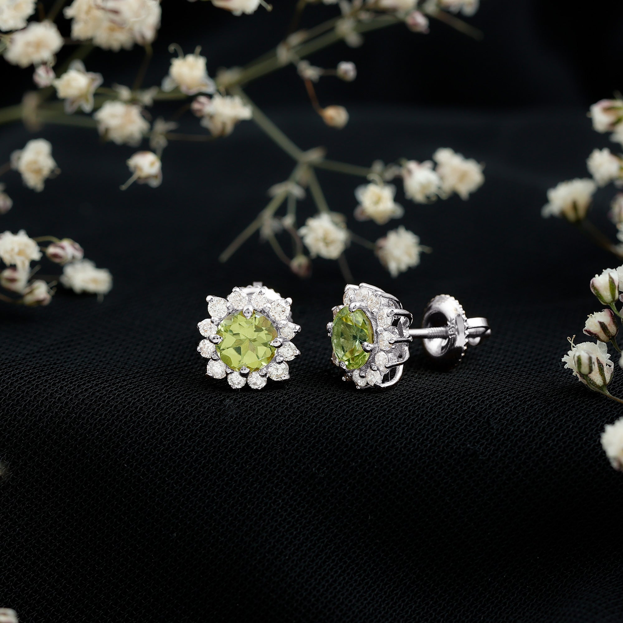 1 CT Classic Peridot Stud Earrings with Diamond Halo
