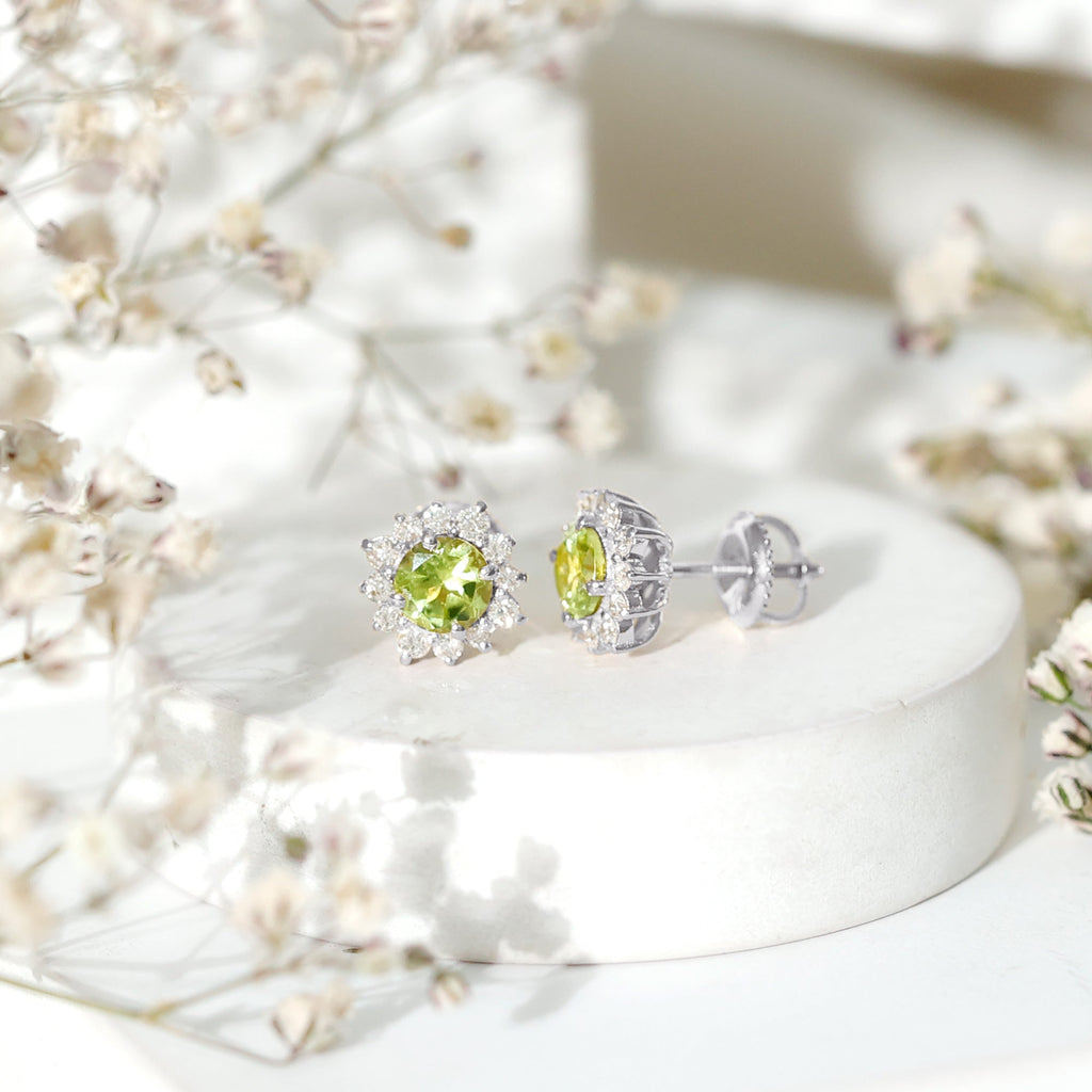 1 CT Classic Peridot Stud Earrings with Diamond Halo