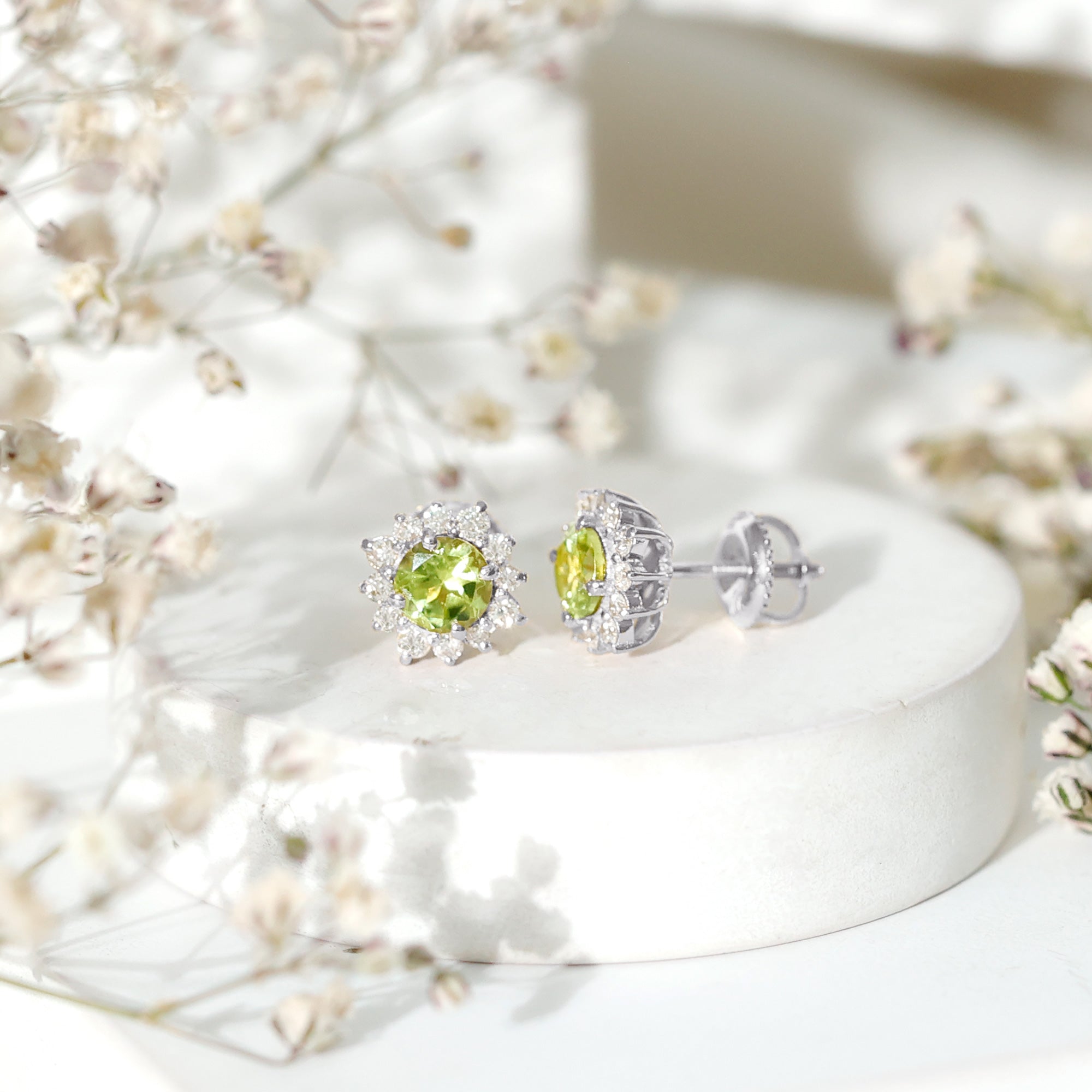 1 CT Classic Peridot Stud Earrings with Diamond Halo