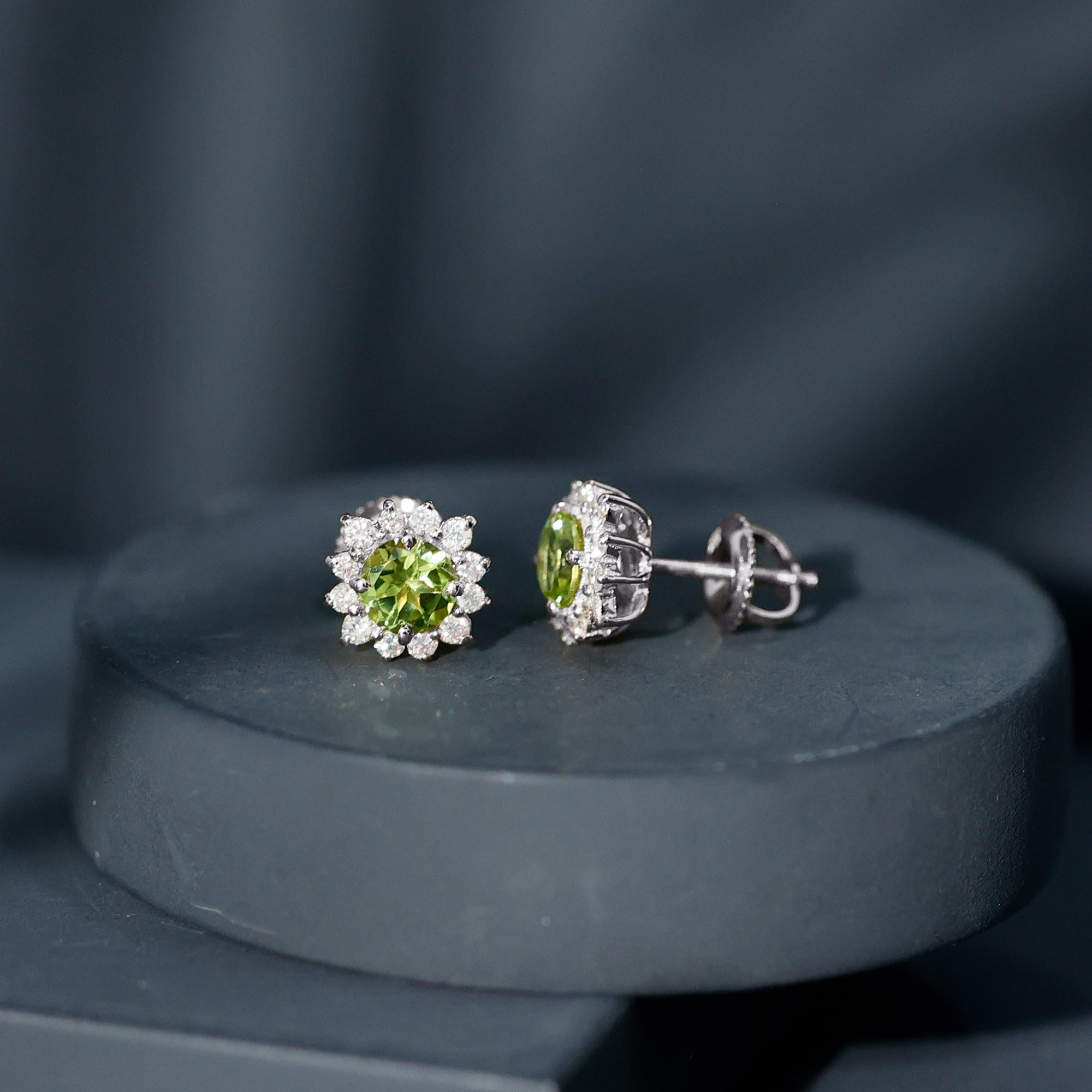 1 CT Classic Peridot Stud Earrings with Diamond Halo