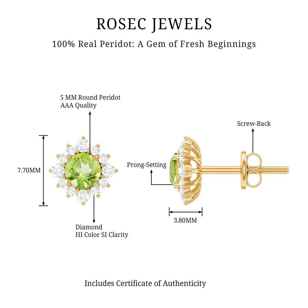 1 CT Classic Peridot Stud Earrings with Diamond Halo
