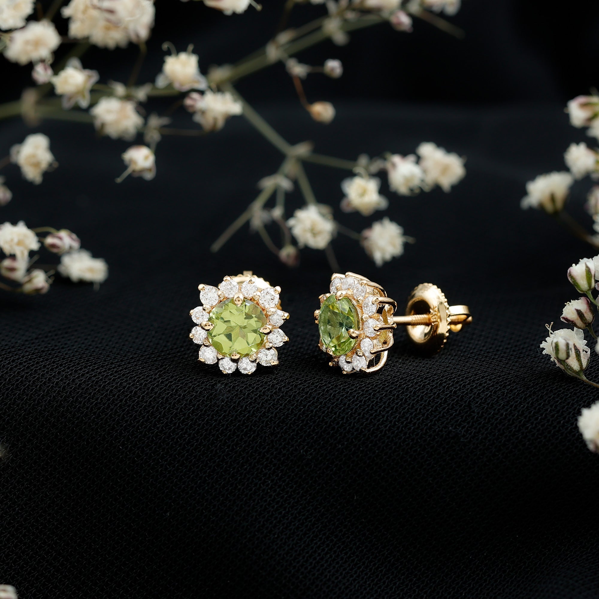1 CT Classic Peridot Stud Earrings with Diamond Halo