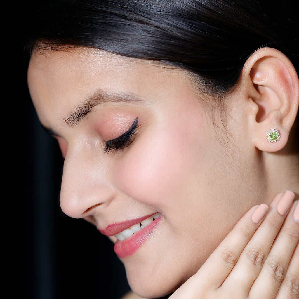 1 CT Classic Peridot Stud Earrings with Diamond Halo