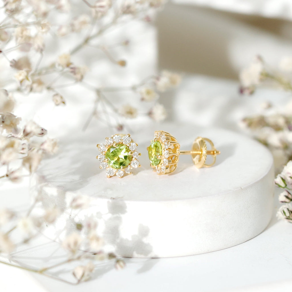 1 CT Classic Peridot Stud Earrings with Diamond Halo