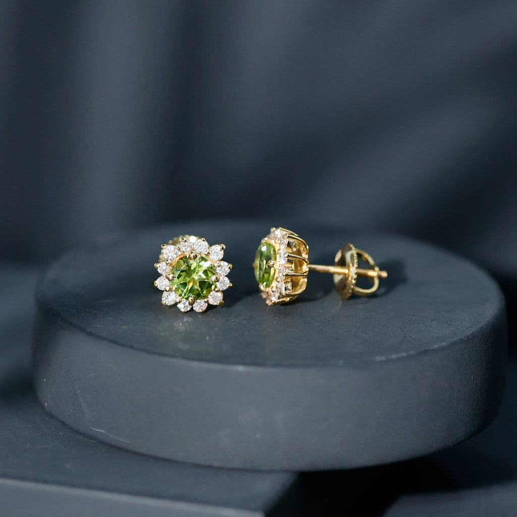 1 CT Classic Peridot Stud Earrings with Diamond Halo