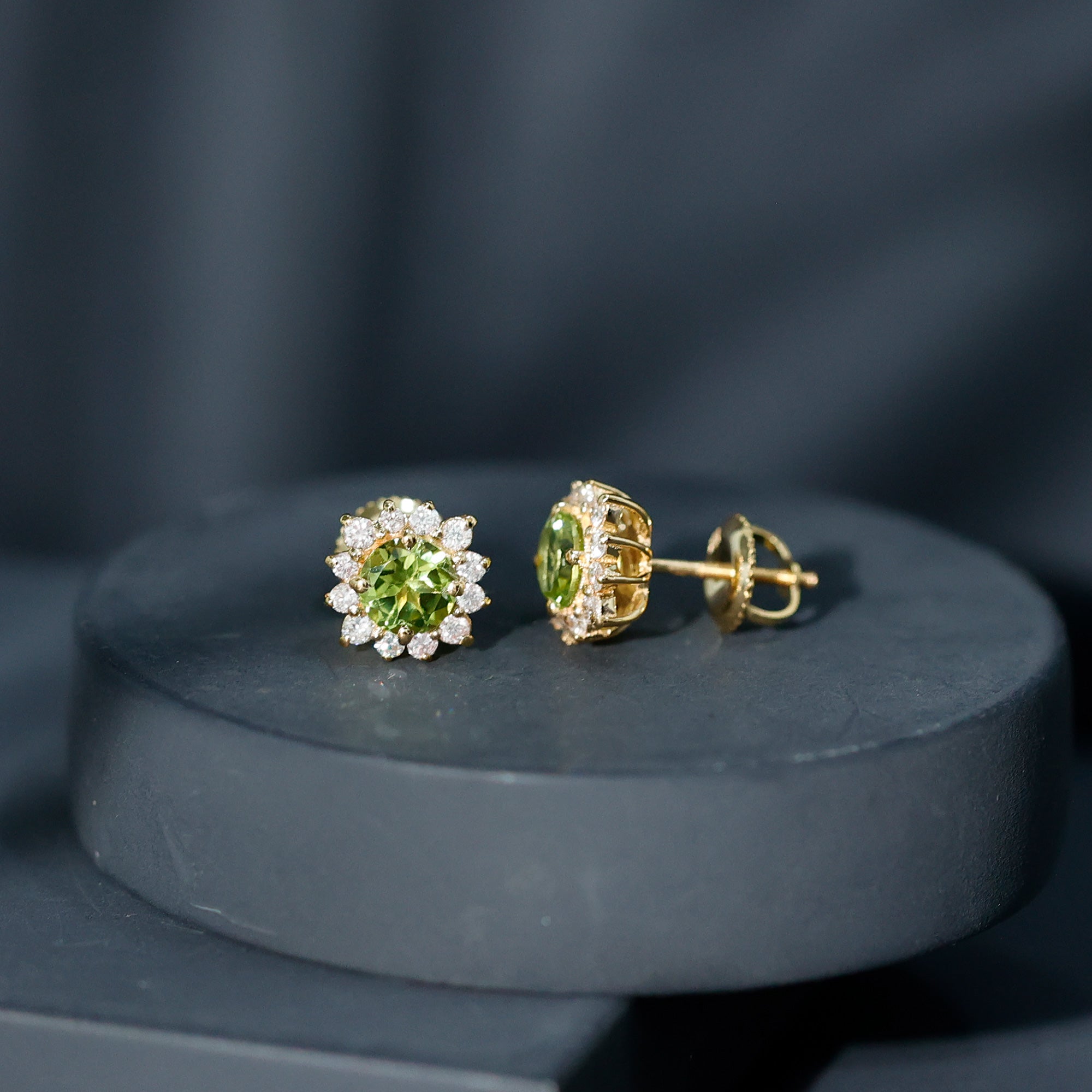 1 CT Classic Peridot Stud Earrings with Diamond Halo