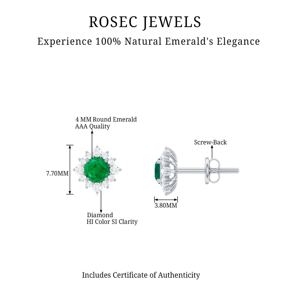 Real Emerald Stud Earrings with Diamond Halo