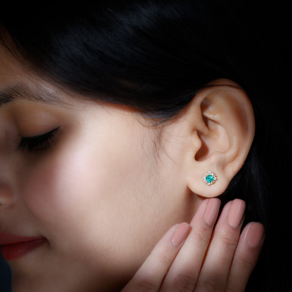 Real Emerald Stud Earrings with Diamond Halo