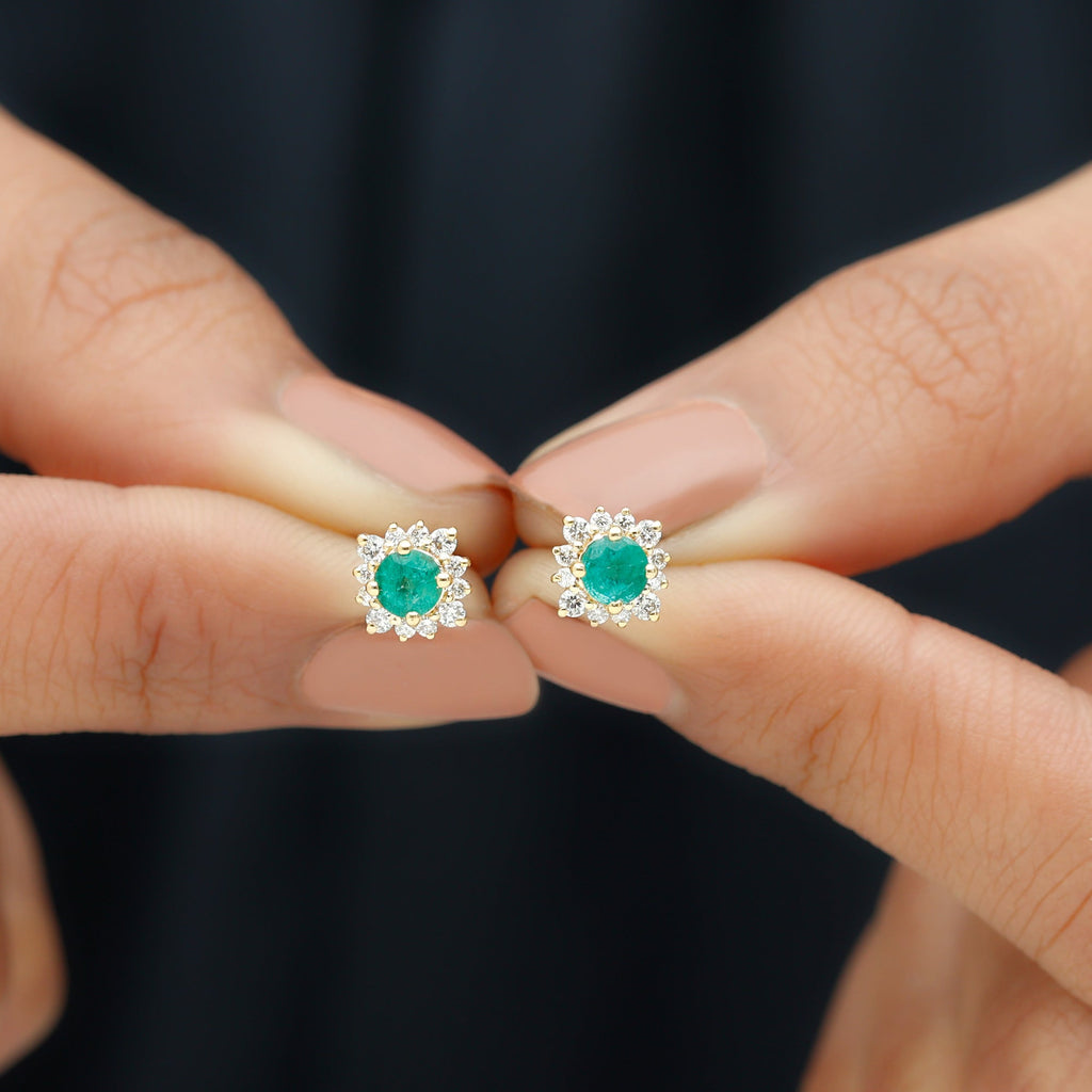 Real Emerald Stud Earrings with Diamond Halo