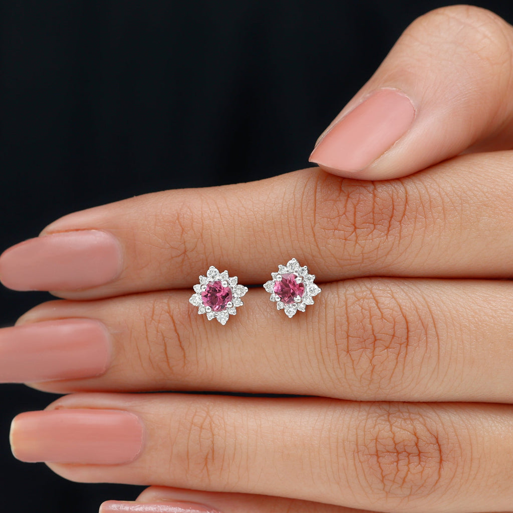 Round Pink Tourmaline Stud Earrings with Diamond Halo