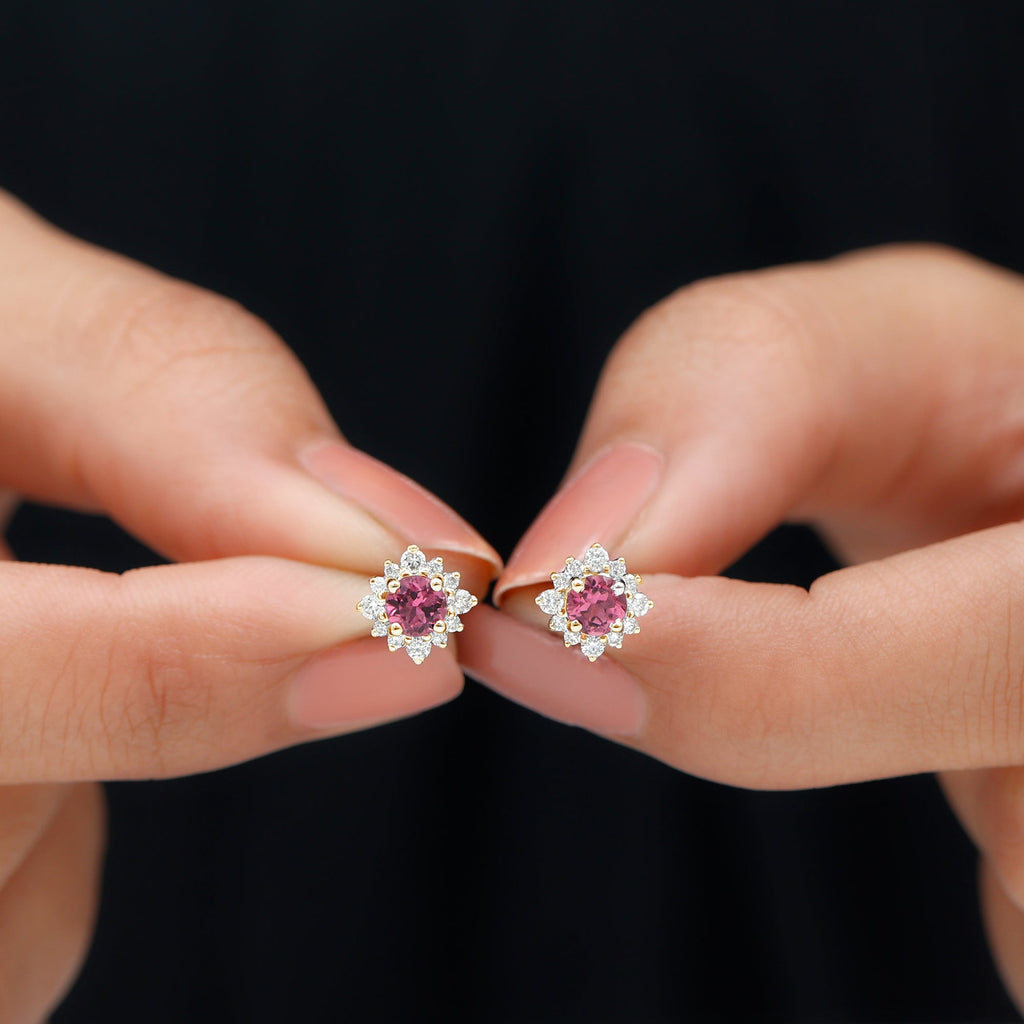 Round Pink Tourmaline Stud Earrings with Diamond Halo