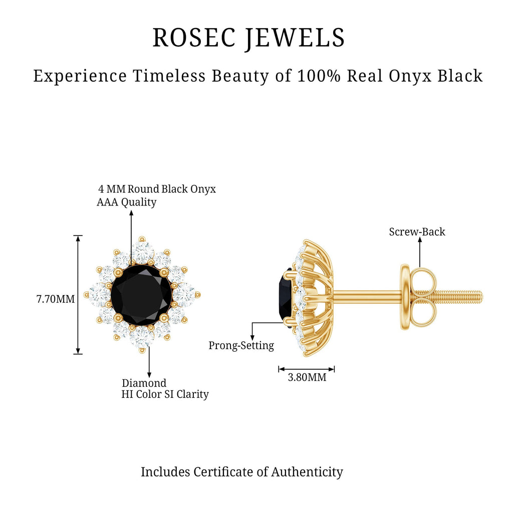 Real Black Onyx Stud Earrings with Diamond Halo
