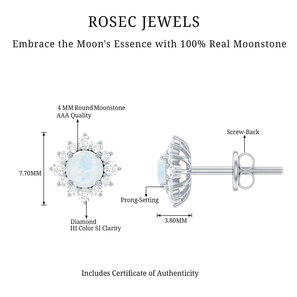 Classic Moonstone Stud Earrings with Diamond Halo