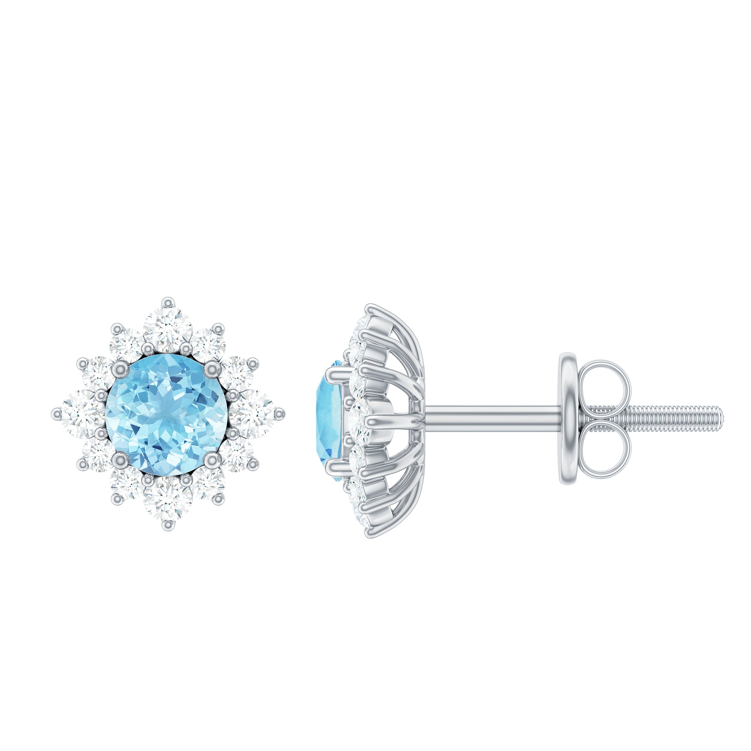 Real Aquamarine Stud Earrings with Moissanite Halo