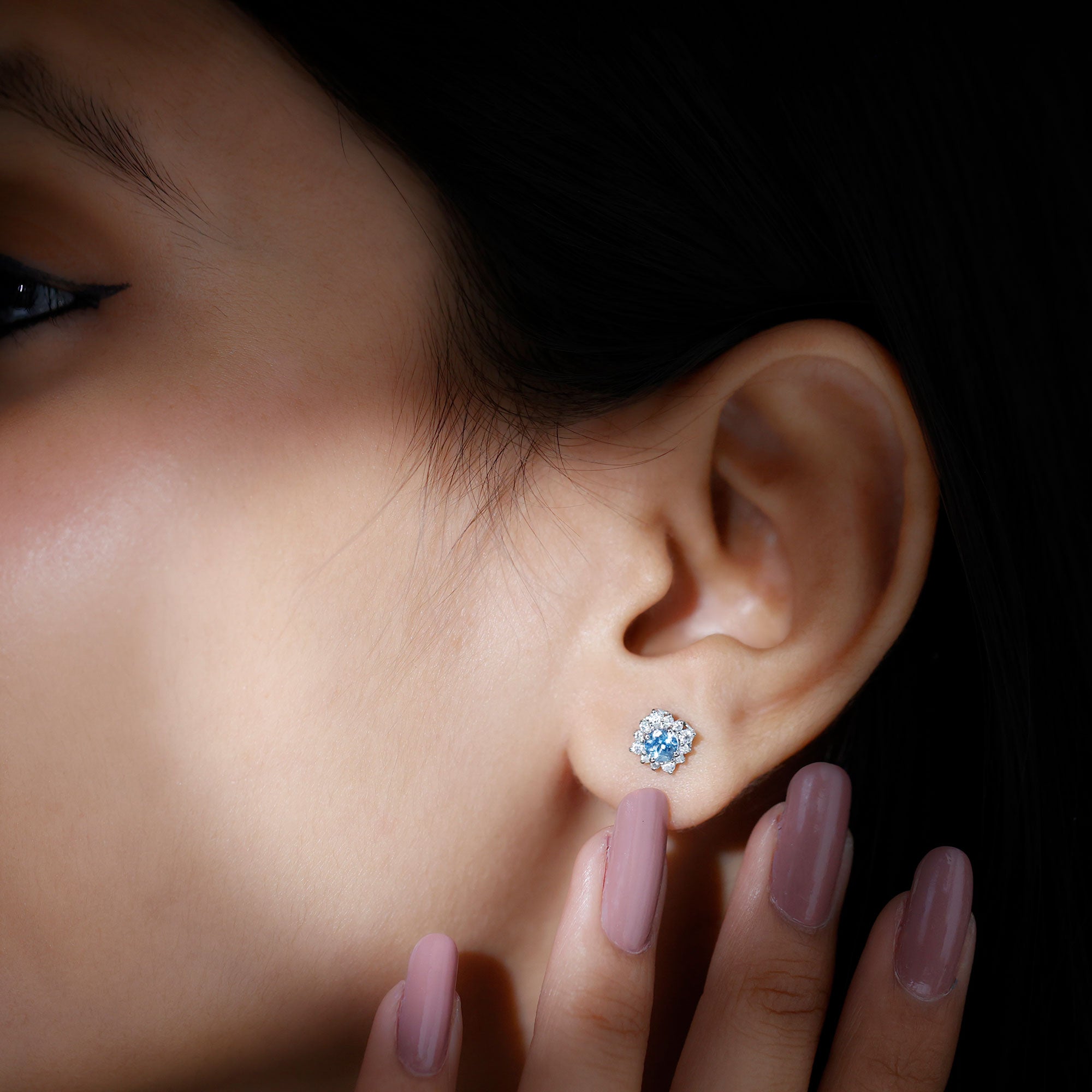 Real Aquamarine Stud Earrings with Moissanite Halo