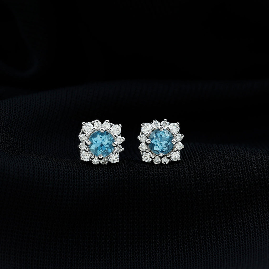 Real Aquamarine Stud Earrings with Moissanite Halo