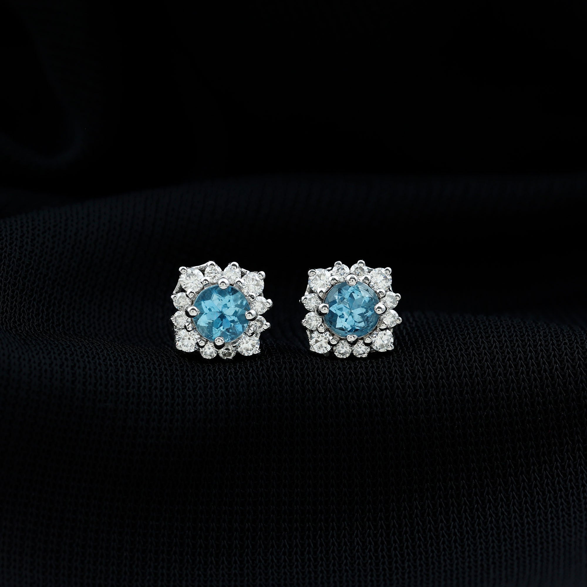Real Aquamarine Stud Earrings with Moissanite Halo
