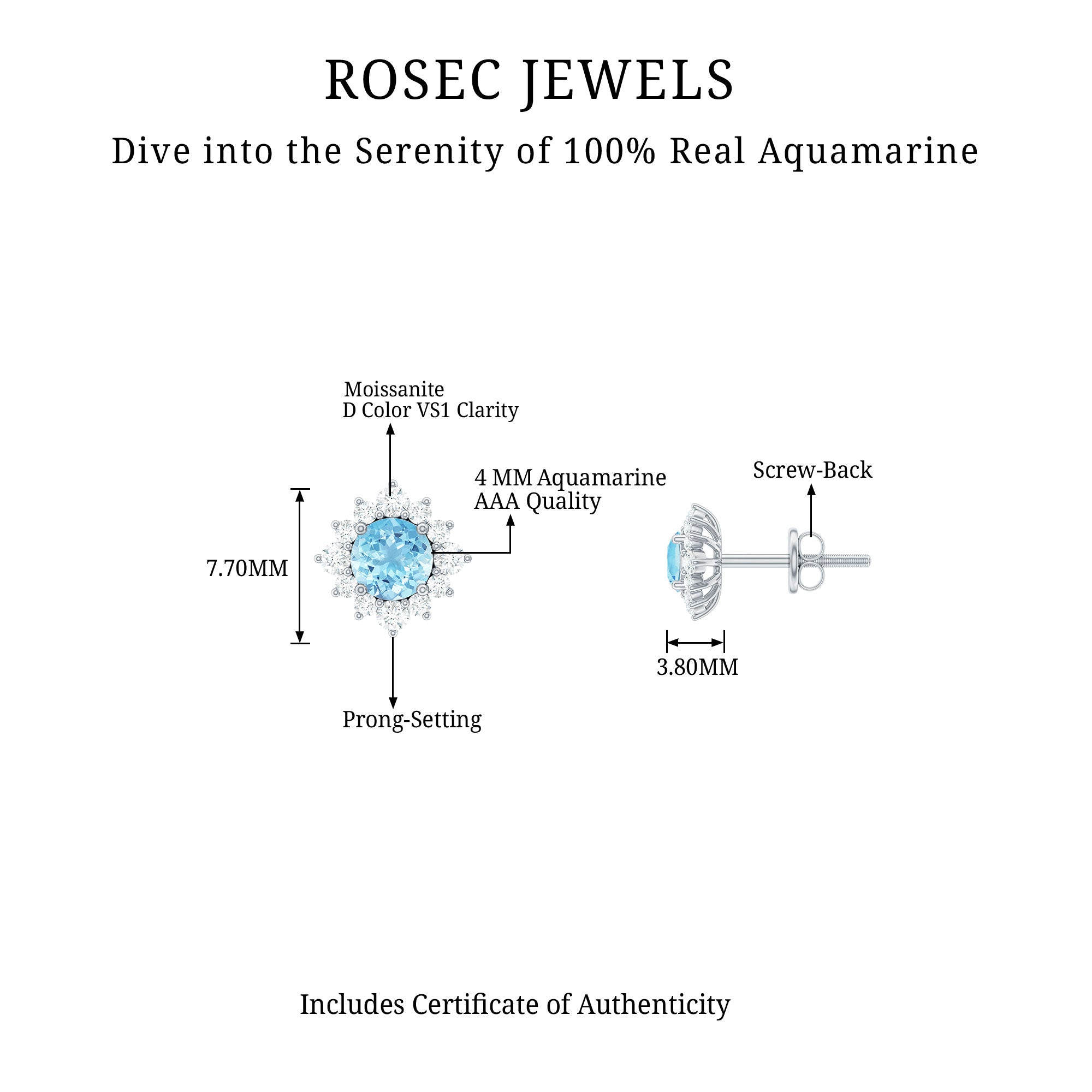 Real Aquamarine Stud Earrings with Moissanite Halo