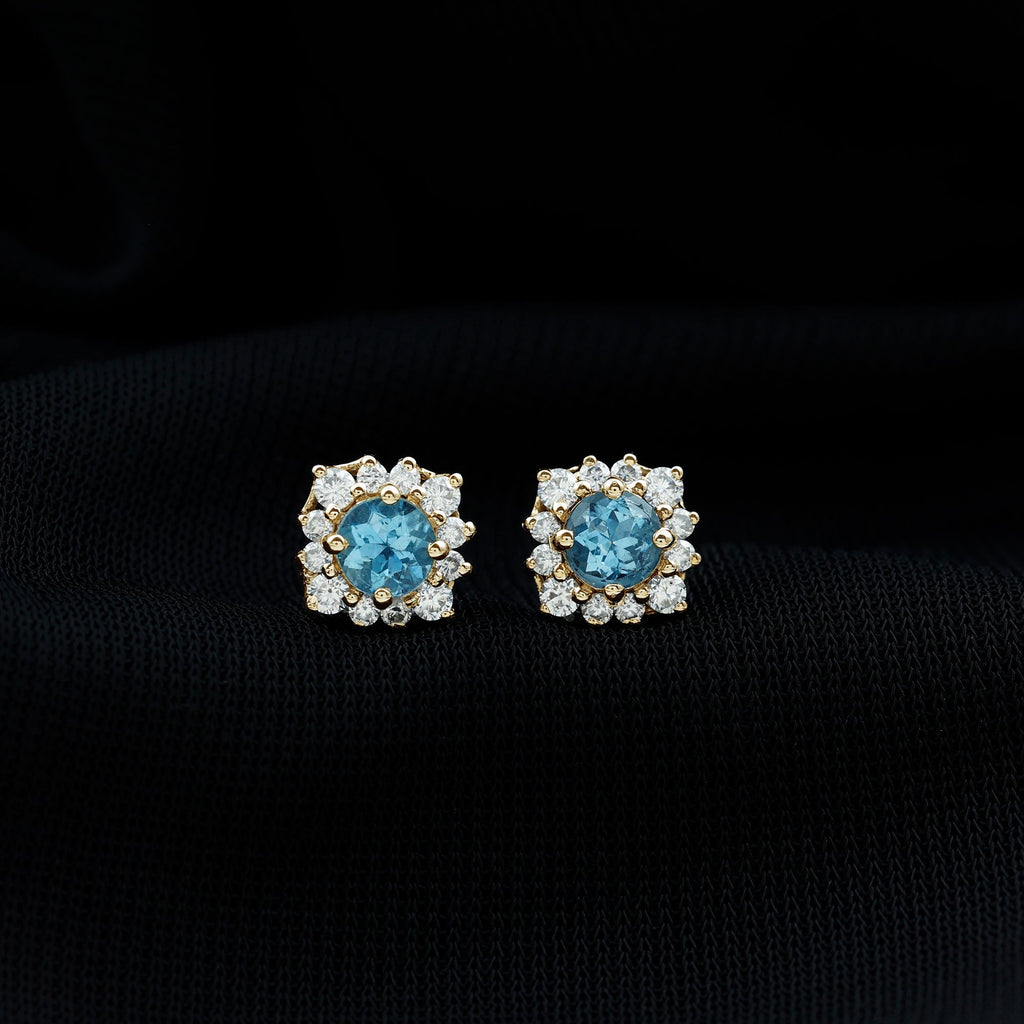 Real Aquamarine Stud Earrings with Moissanite Halo