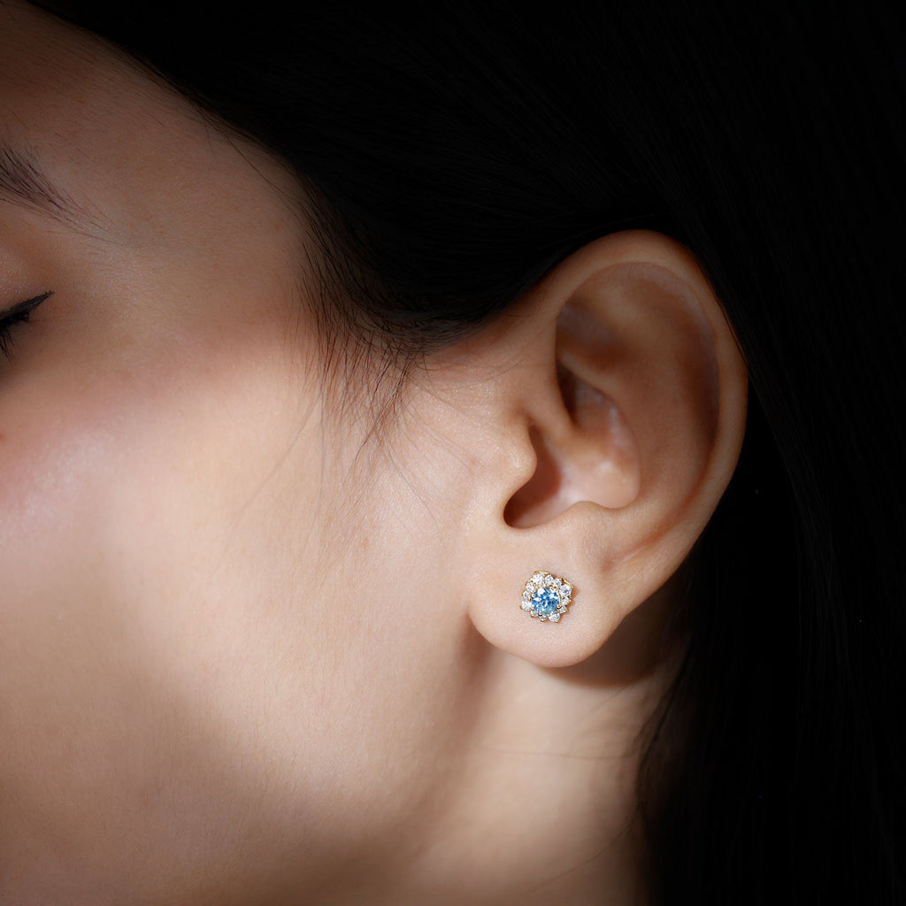 Real Aquamarine Stud Earrings with Moissanite Halo