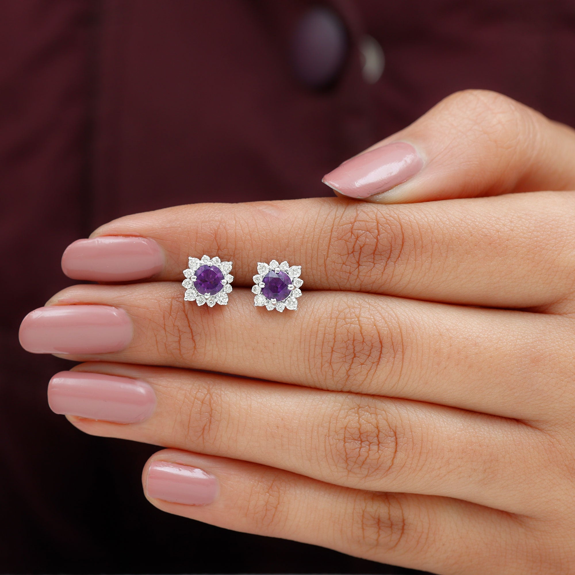 Genuine Amethyst Stud Earrings with Diamond Halo