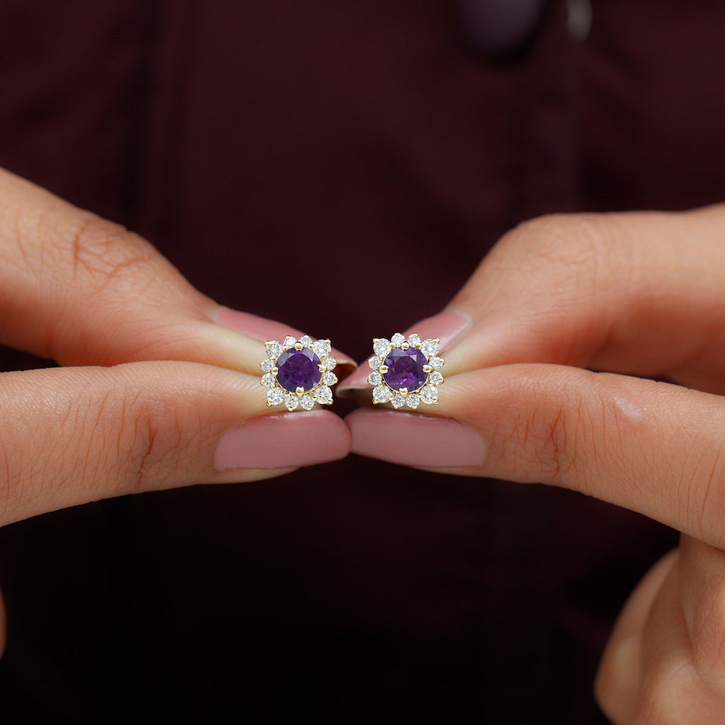 Genuine Amethyst Stud Earrings with Diamond Halo