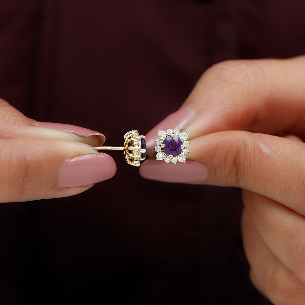Genuine Amethyst Stud Earrings with Diamond Halo