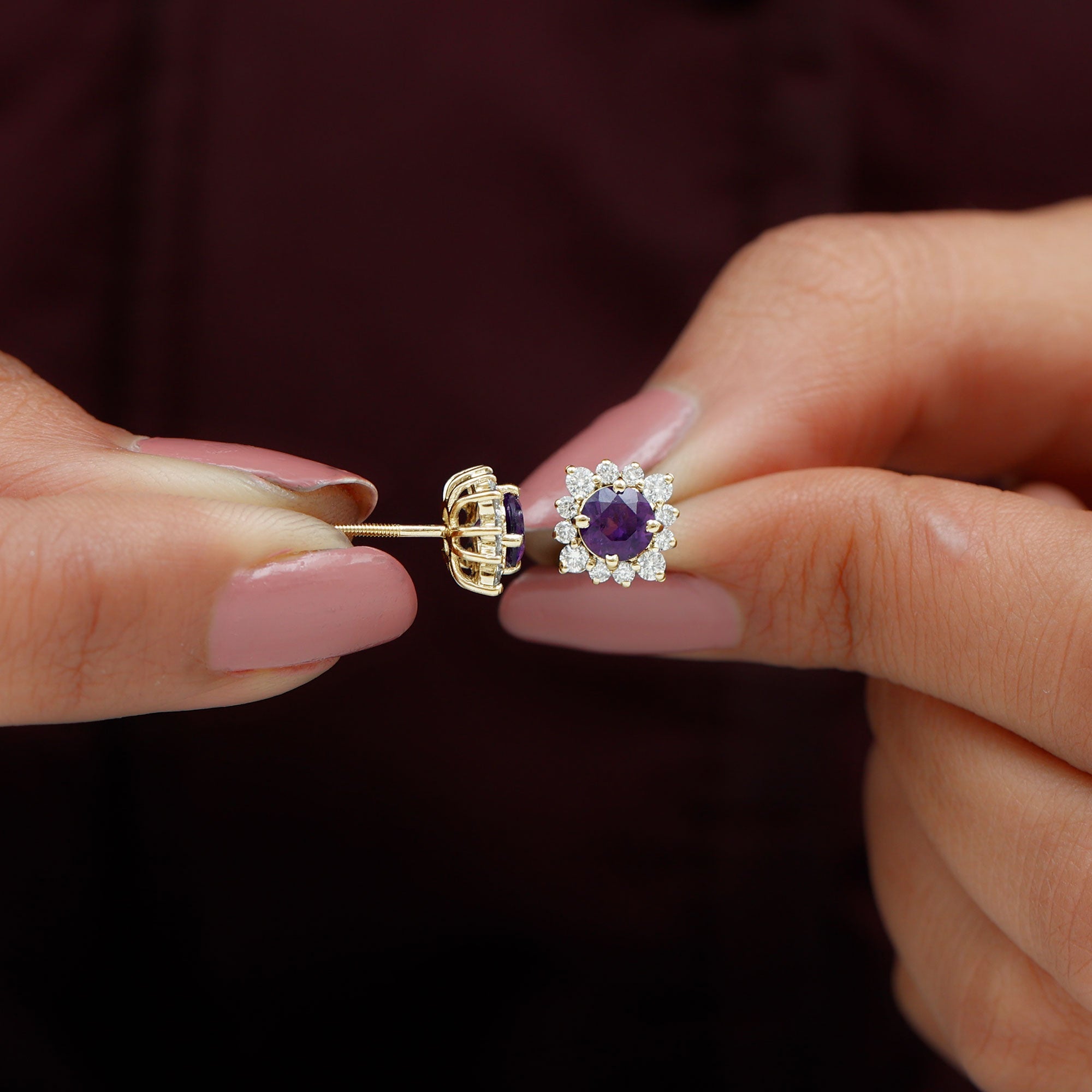 Genuine Amethyst Stud Earrings with Diamond Halo