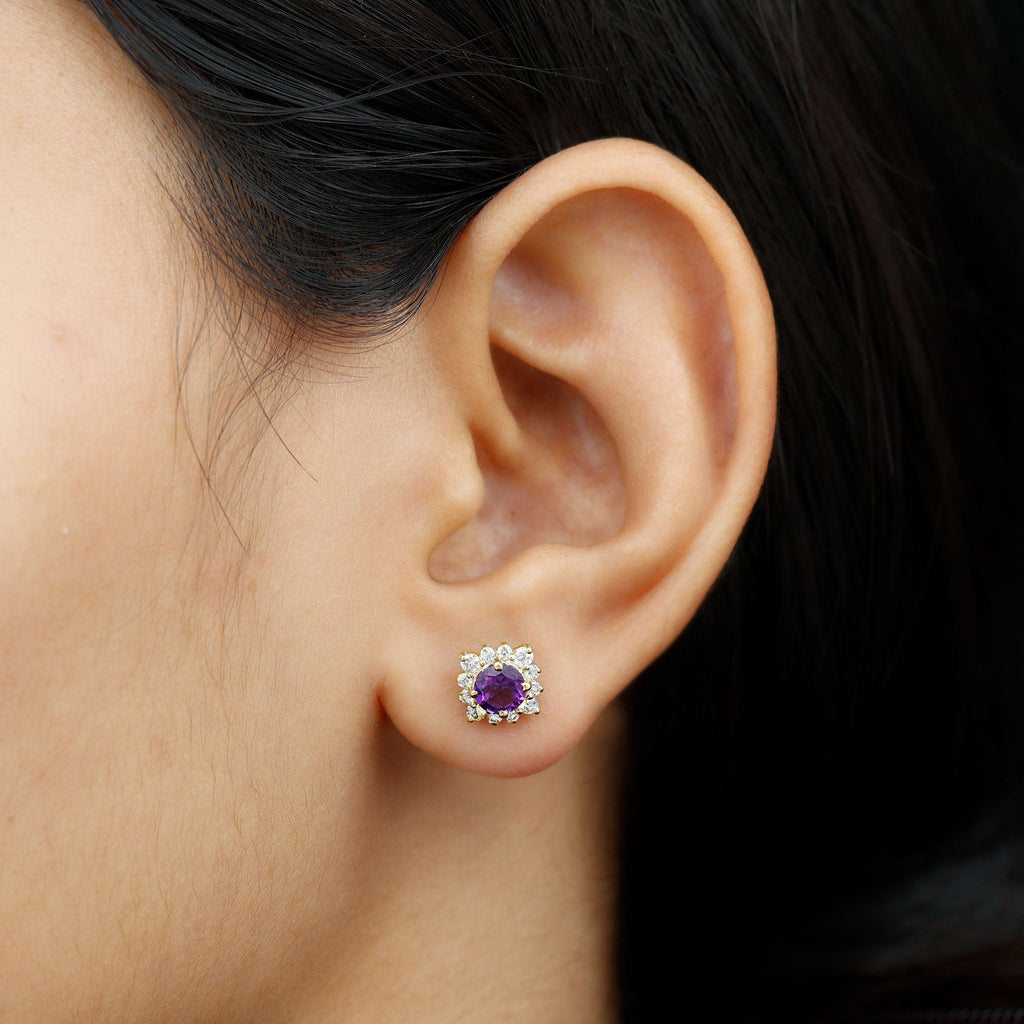 Genuine Amethyst Stud Earrings with Diamond Halo