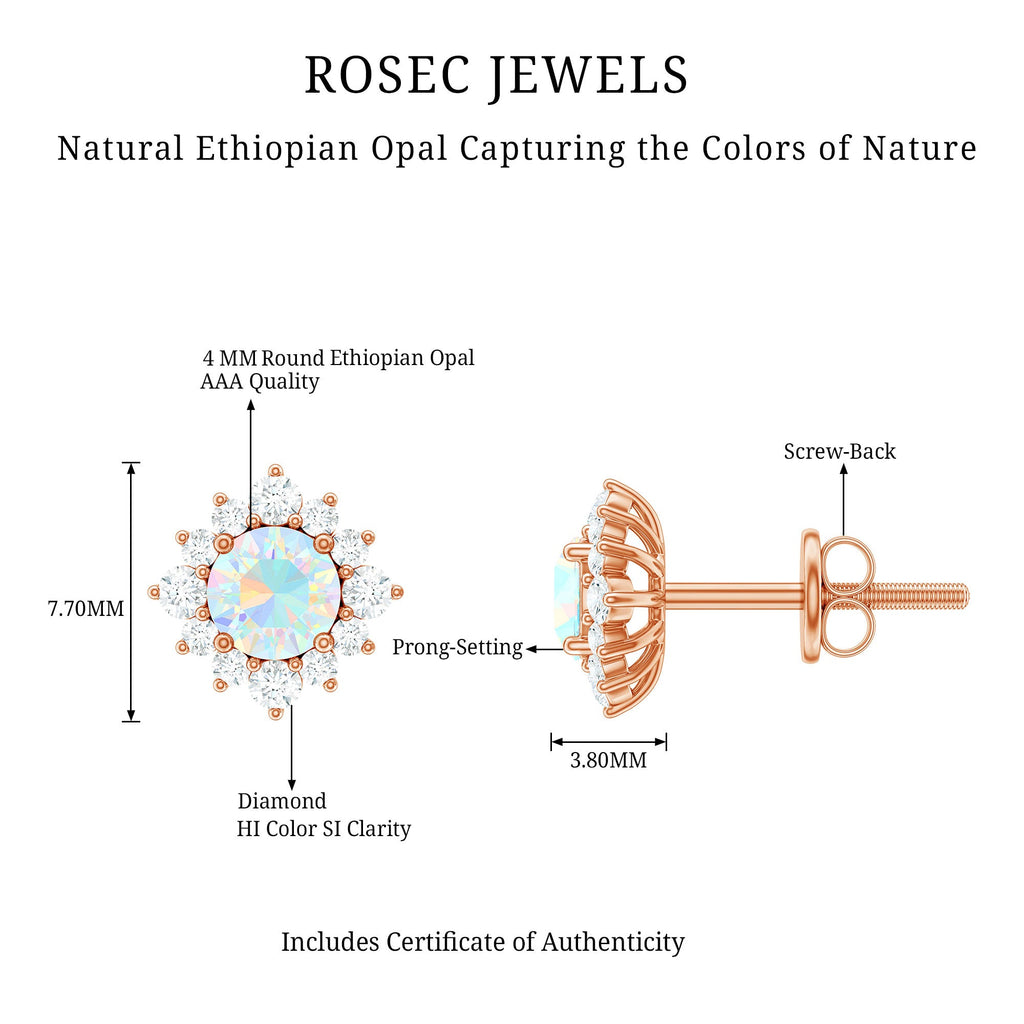 1 CT Classic Ethiopian Opal Stud Earrings with Diamond Halo
